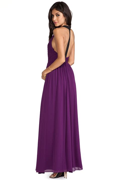 Alice Olivia Runie Ruched Bodice Leather T Back Maxi Dress In Electric Plum Revolve