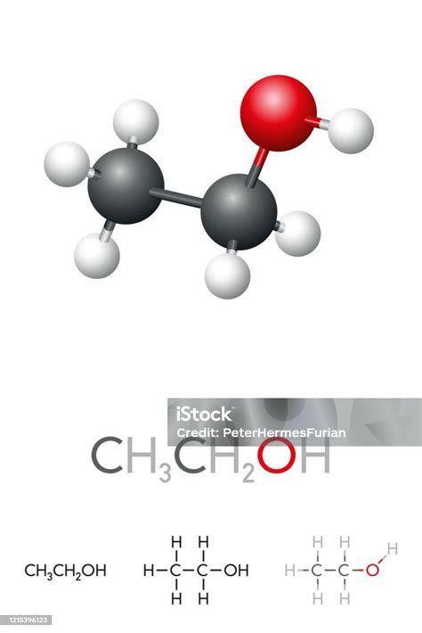 Etanol Ch3ch2oh Etil Alkohol Model Molekul Dan Formula Kimia Ilustrasi