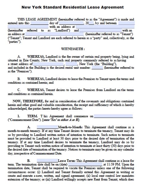 Free New York Standard Residential Lease Agreement Template Pdf Word