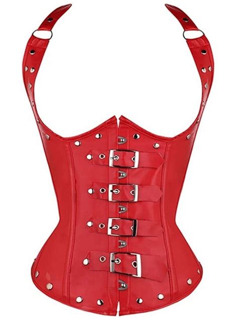 women s sexy steampunk boned overbust halter corset top bustier plus sizes underbust red pu