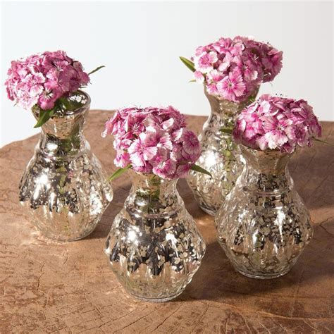 4 Pack Vintage Mercury Glass Vases 4 Inch Bernadette Mini Ribbed Design Silver