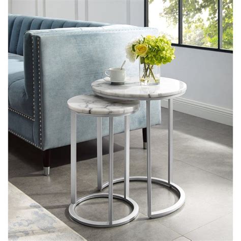 Inspired Home Asbille Nesting End Table Round Natural Marble Top