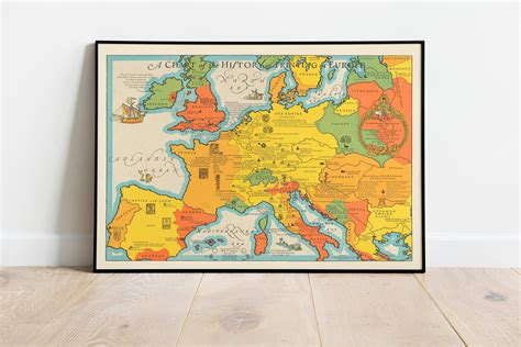 Chart Of The History Of Printing In Europe 1931 Old Map Wall Etsy In