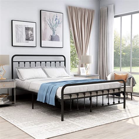 Queen Size Metal Bed Frame With Vintage Headboard And