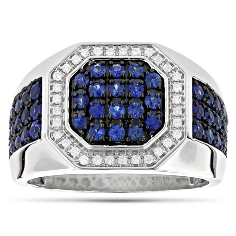 unique 14k white gold diamond and blue sapphire mens ring by luxurman 1 8ctw 802801