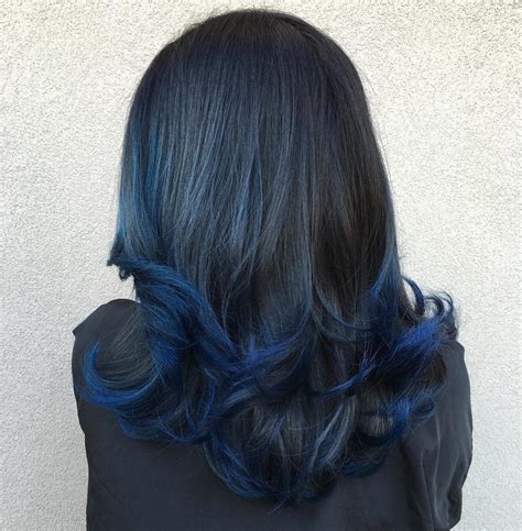 Has a checkerd headband and dipped hair blue. 20 Dark Blue Hairstyles That Will Brighten Up Your Look