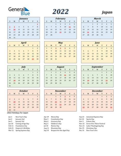 2022 Japan Calendar With Holidays