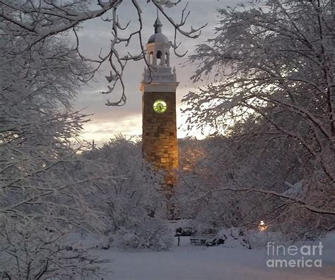 Evening Snow Covered Isaac Sprague Memorial Clock Tower In Elm Park