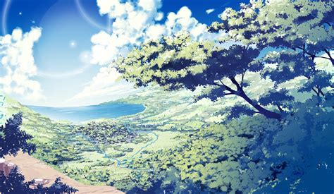 An Anime Scene With Trees And The Sun In The Sky Above Them As Well As