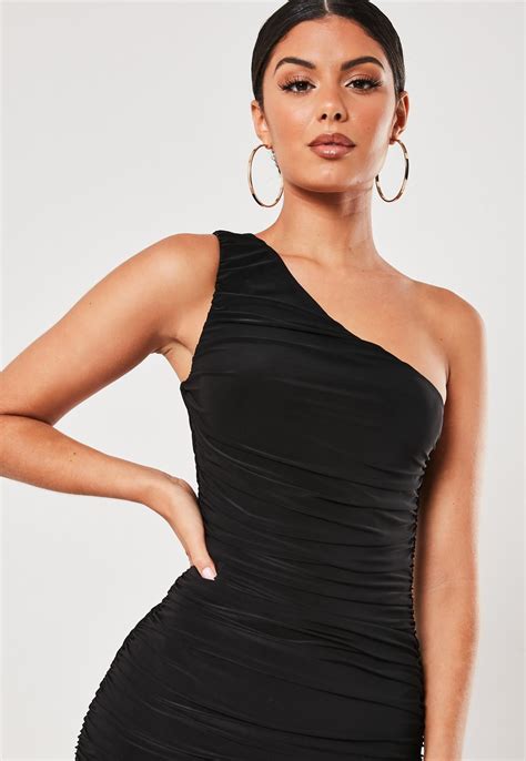 Black Slinky One Shoulder Ruched Bodycon Mini Dress Missguided Australia