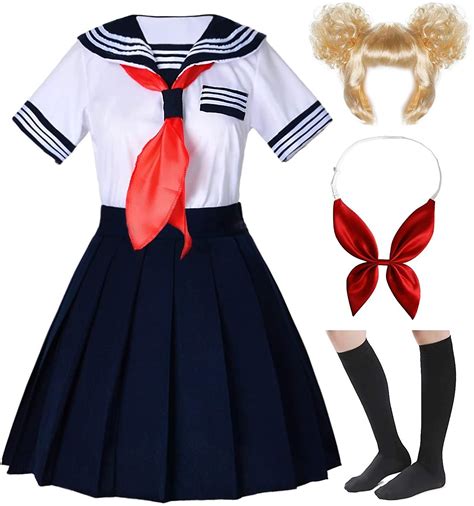 Japanese School Girls Short Sleeve Uniform Sailor Navy Blue Pleat