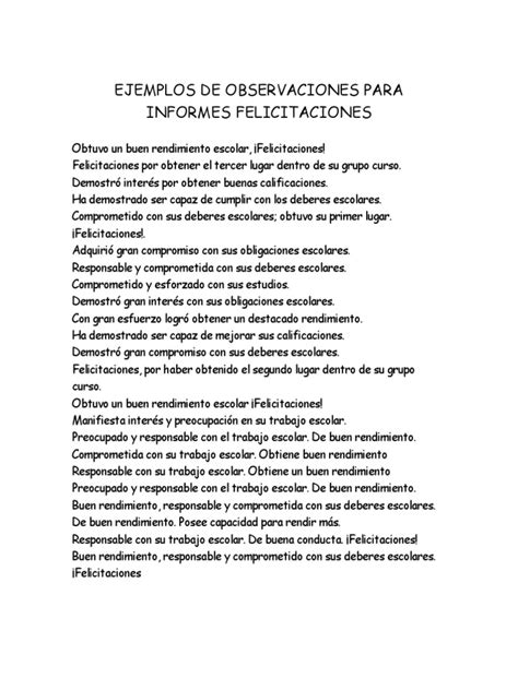 Ejemplos De Observaciones Para Informes Felicitaciones Pdf