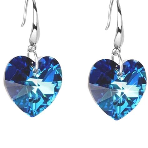 Classic Crystal Heart Shaped Blue Rhinestone Drop Earrings For Women