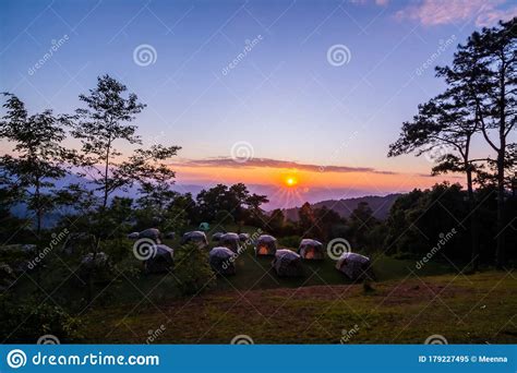 Landscape Of Mountains Sunset Pine Tree Camping Tent Thailand