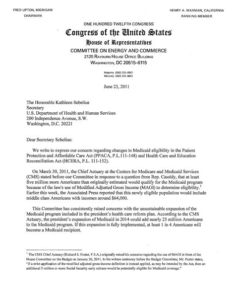 Letter To Secretary Kathleen Sebelius Department Of Health And Human