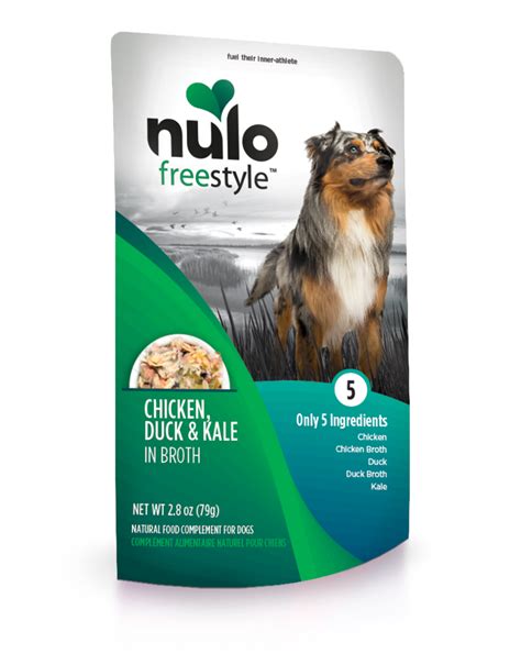 The dashboard displays a dry matter protein reading of 46%, a fat level of 32% and estimated carbohydrates of about 15%. Nulo Freestyle Pouch Chicken, Duck & Kale Wet Dog Food 2 ...