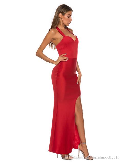 2020 Women Party Red Dresses Long Sexy Split Halter Sleeveless Club Evening Tight Backless
