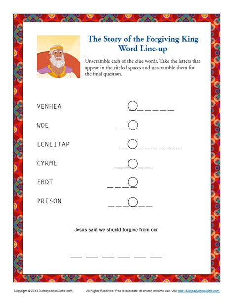 The Story Of The Forgiving King Word Line Up Kids Activities
