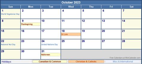 October 2023 Canada Calendar With Holidays For Printing Image Format