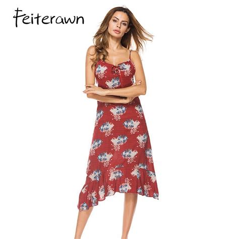 Feiterawn 2018 Summer Women Dresses Slim Spaghetti Strap Dress Floral Print Long Dress Vestido