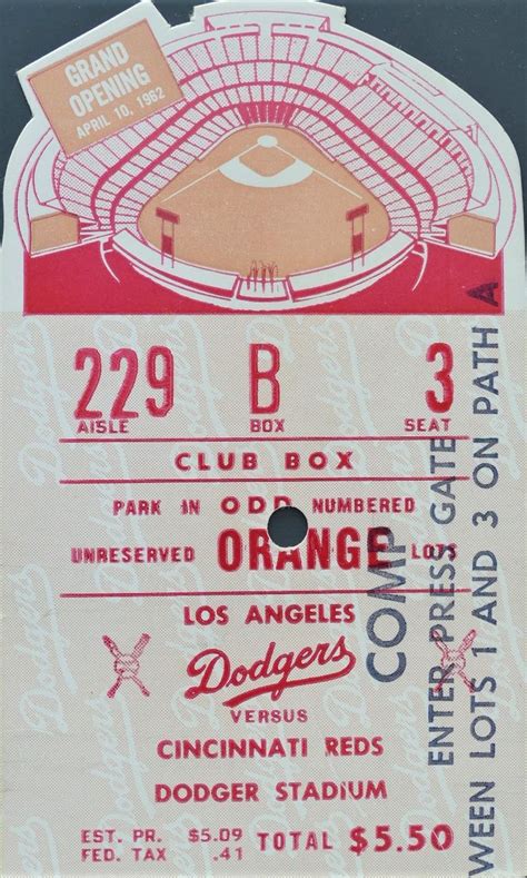 Dodgers 1962 Club Orange Opening Day Ticket Stub Dodgers Dodger