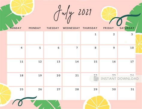 July 2021 Calendar Cute Summer Printable Calendar Pink Etsy In 2021