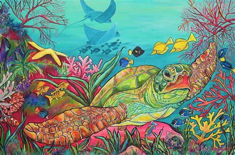 Watercolor and gouache underwater coral reef painting. Sea Turtles Coral Reef Painting by Patti Schermerhorn