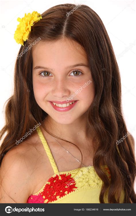 Close Portrait Beautiful Charming Happy Babe Teenage Girl Yellow Top Stock Photo By