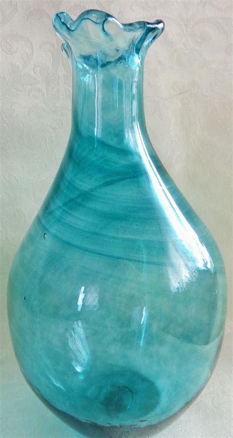 Vintage Hand Blown Teal Aqua Glass Flower Vase Beautiful Color Swirls Of Color Glass Flower