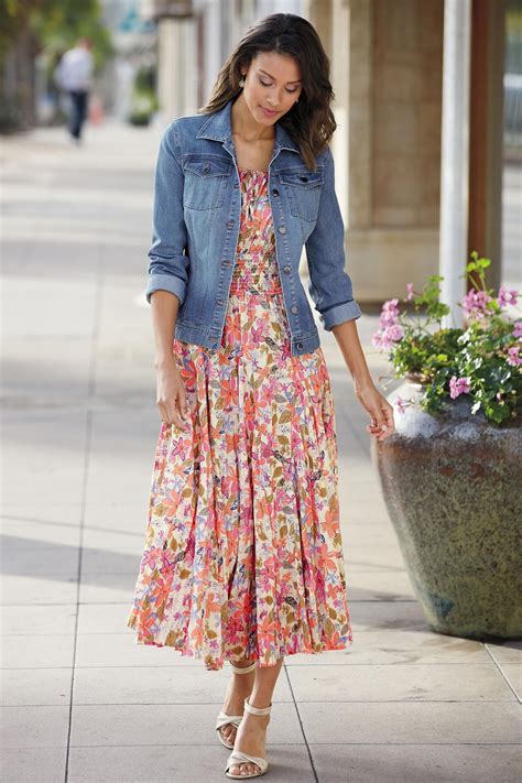 100 Cotton Floral Print Peasant Dress Alt1 Denim Jacket With Dress