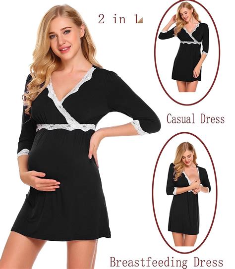 Womens Maternity Nightdress Lace Trim V Neck Breastfeeding Nightgown Sleep Dress Black