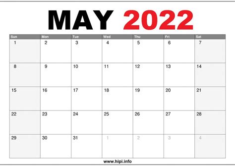 May 2022 Calendar Printable Us