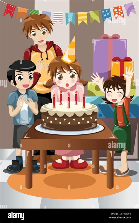A Vector Illustration Of Kids Celebrating Birthday Party Stock Vector