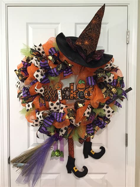 Deco Mesh Halloween Decorations Witch Hat Halloween Wreath For Door