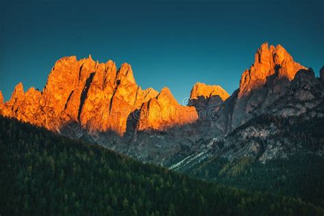 Panoramic View Of Famous Dolomites Mountain Peaks Glowing In Beautiful