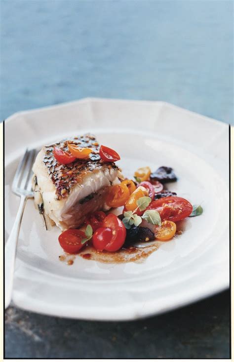 Roasted Black Sea Bass With Tomato And Olive Salad Recipe Sea Bass Recipes Sea Bass Fillet