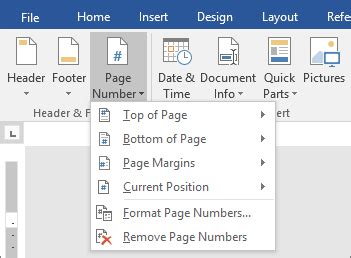 Click the page number button, then choose the desired location for the page numbers. Start page numbering later in your document - Word