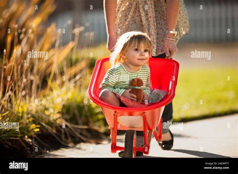 Woman Pushing A Wheelbarrow With Her Young Daughter Inside Stock Photo