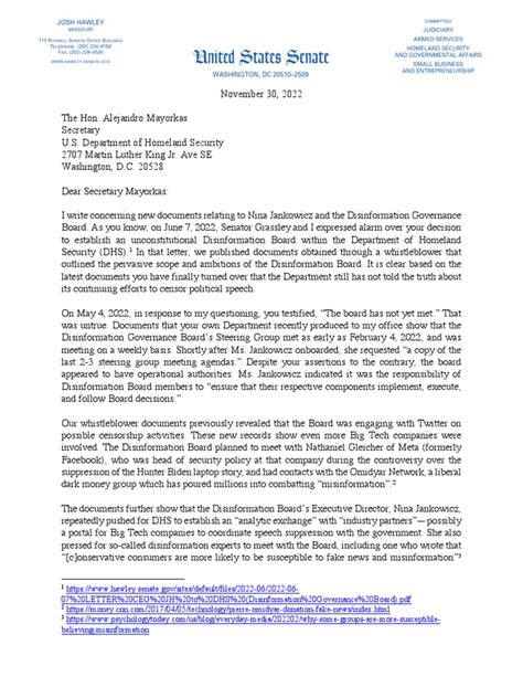 2022 11 30 Senator Hawley Letter To Dhs Pdf United States