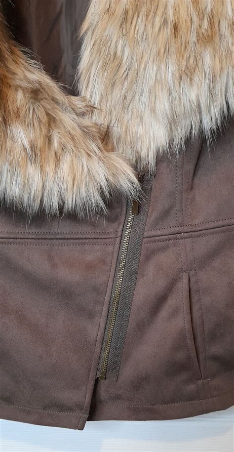 Lisa Rinna Faux Fur Brown Zip Suede Vest Jacket Size Gem