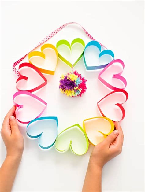 Colorful Diy Rainbow Paper Heart Wreath With Catchy Pom Pom Center