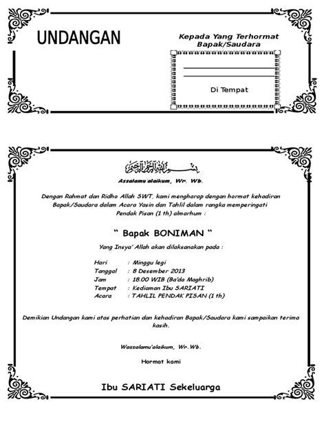 Oct 09, 2016 · surah yasin dan tahlil 1. Download undangan tahlilan 40