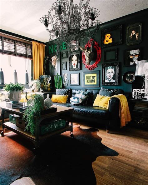 Dark Moody Maximalist Living Room Pop Of Colour Yellow Living Room