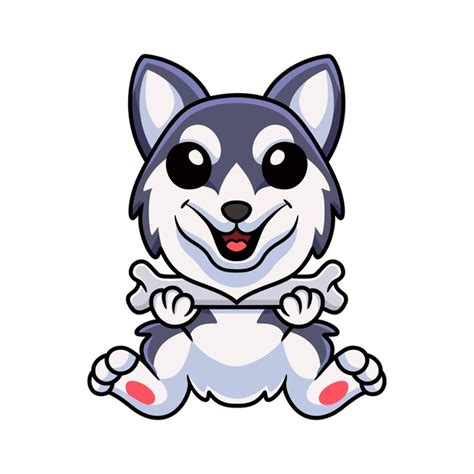 Caricature De Chien Husky Sibérien Mignon Tenant Un Os Vecteur Premium