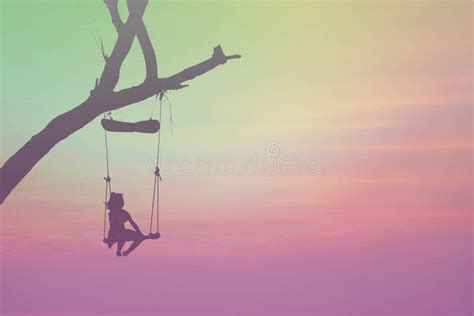 Silhouette Little Girl Swing Under Tree Stock Photos Free And Royalty