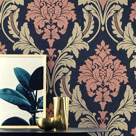 Rasch Glam Black And Copper Glitter Damask Wallpaper 541656