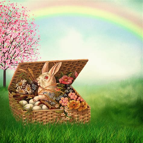 Free Images Easter Card Vintage Easter Bunny Basket Flowers