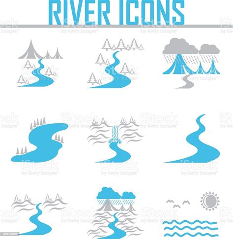 River And Landscape Icons Stock Vector Art And More Images Of Abstract