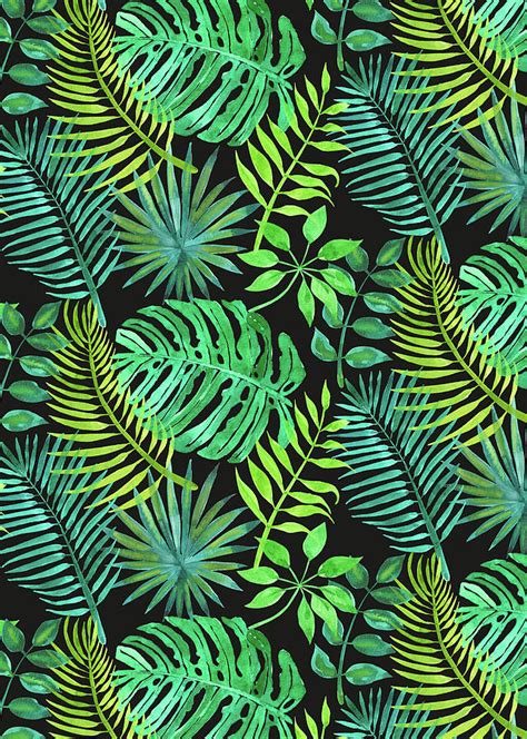 Tropical Watercolours Multi Leaves Design Black Painting By Mgl