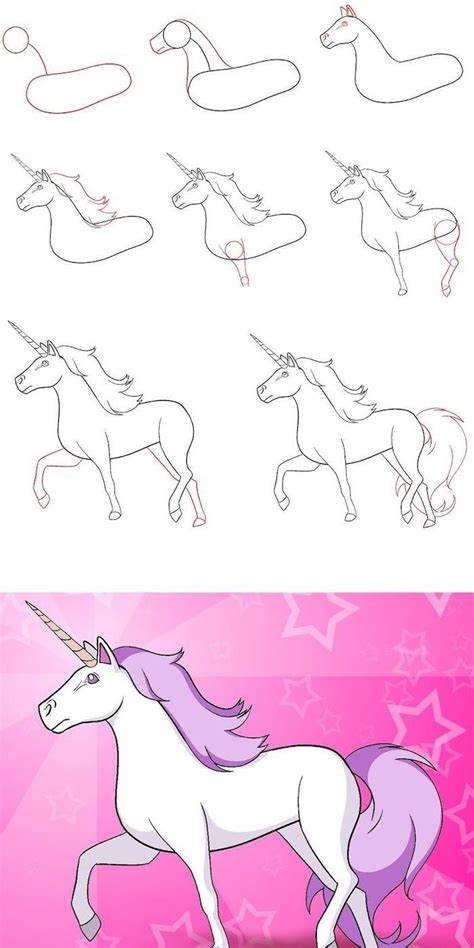 Step By Step Diy Tutorial Unicorn Drawing Easy In Eight Steps Colored In Purple And Pink